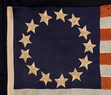 THE EARLIEST BETSY ROSS PATTERN 13 STAR FLAG I HAVE EVER ENCOUNTERED, ENTIRELY HAND-SEWN WITH HAND-EMBROIDERED STARS, 1860's - 1880's