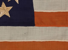 THE EARLIEST BETSY ROSS PATTERN 13 STAR FLAG I HAVE EVER ENCOUNTERED, ENTIRELY HAND-SEWN WITH HAND-EMBROIDERED STARS, 1860's - 1880's