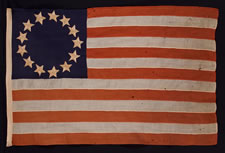 THE EARLIEST BETSY ROSS PATTERN 13 STAR FLAG I HAVE EVER ENCOUNTERED, ENTIRELY HAND-SEWN WITH HAND-EMBROIDERED STARS, 1860's - 1880's