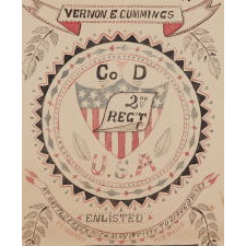 ELABORATE PEN & INK SOLDIER’S RECORD WITH AMERICAN PATRIOTIC COLORS AND IMAGERY, MADE FOR VERNON E. CUMMINGS OF THE 2ND REGIMENT, COMPANY D, WHO SUPPORTED TEDDY ROOSEVELT’S ROUGH RIDER’S ON SAN JUAN HILL, 1898, SIGNED “ODBEERE”