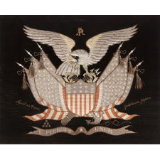 ELABORATE SAILOR’S SOUVENIR EMBROIDERY FROM THE ORIENT WITH A LARGE FEDERAL EAGLE, CROSSED FLAGS, CANNON AND ANCHOR, OBTAINED IN YOKOHAMA, JAPAN, DATED 1906