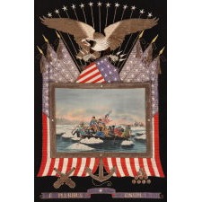 ELABORATE SAILOR’S SOUVENIR EMBROIDERY FROM THE ORIENT WITH A BEAUTIFUL HAND-PAINTED IMAGE OF WASHINGTON CROSSING THE DELAWARE, SURROUNDED BY A LARGE EAGLE, FEDERAL SHIELD, CROSSED FLAGS, A CANNON, CANNONBALLS, AND ANCHOR, circa 1885-1910