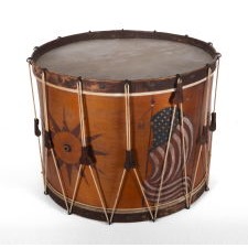 ENORMOUS 19TH CENTURY PATRIOTIC BASE DRUM, WITH AN AMERICAN FLAG AND A MARINER'S COMPASS, PROBABLY AROUND THE TIME OF THE 1876 CENTENNIAL OF AMERICAN INDEPENDENCE