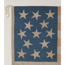 ENTIRELY HAND-SEWN AMERICAN NATIONAL FLAG WITH 13 STARS ON A TALL AND NARROW CANTON; A HOMEMADE EXAMPLE WITH INTERESTING PRESENTATION, MADE SOMETIME BETWEEN THE TAIL END OF THE CIVIL WAR AND THE 1876 CENTENNIAL