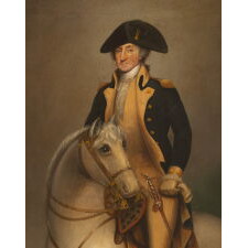 “EQUESTRIAN WASHINGTON,” OIL ON CANVAS PAINTING OF GEORGE WASHINGTON ON BLUESKIN, AFTER REMBRANDT PEALE, circa 1830-1850 (POSSIBLY PRIOR)