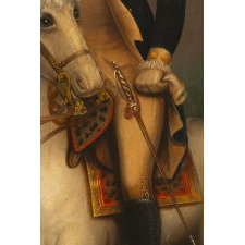 “EQUESTRIAN WASHINGTON,” OIL ON CANVAS PAINTING OF GEORGE WASHINGTON ON BLUESKIN, AFTER REMBRANDT PEALE, circa 1830-1850 (POSSIBLY PRIOR)