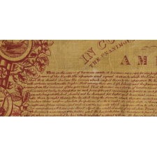 EXCEPTIONAL 1821 PRINTING OF THE DECLARATION OF INDEPENDENCE ON CLOTH, IN MULBERRY RED ON A SULFUR YELLOW GROUND, PRODUCED AND DISTRIBUTED BY ROBERT & COLLIN GILLESPIE FOR THE AMERICAN MARKET, AN UNUSUALLY LARGE EXAMPLE AMONG KNOWN VERSIONS OF THIS TEXTILE, IN EXTRAORDINARY CONDITION