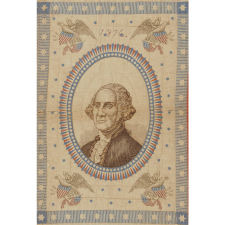 EXCEPTIONAL 1876 QUILT FEATURING THE IMAGES OF GEORGE & MARTHA WASHINGTON, MADE FROM PATRIOTIC TEXTILES AND FLAGS THAT WERE PROBABLY ACQUIRED IN PHILADELPHIA AT THE CENTENNIAL INTERNATIONAL EXHIBITION