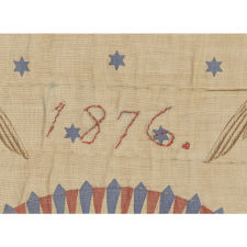 EXCEPTIONAL 1876 QUILT FEATURING THE IMAGES OF GEORGE & MARTHA WASHINGTON, MADE FROM PATRIOTIC TEXTILES AND FLAGS THAT WERE PROBABLY ACQUIRED IN PHILADELPHIA AT THE CENTENNIAL INTERNATIONAL EXHIBITION