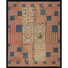 EXCEPTIONAL 1876 QUILT FEATURING THE IMAGES OF GEORGE & MARTHA WASHINGTON, MADE FROM PATRIOTIC TEXTILES AND FLAGS THAT WERE PROBABLY ACQUIRED IN PHILADELPHIA AT THE CENTENNIAL INTERNATIONAL EXHIBITION