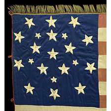 EXCEPTIONALLY RARE AND EARLY, 21-STAR AMERICAN NATIONAL FLAG, WITH EMBROIDERED STARS IN TWO SIZES, ARRANGED IN A FANCIFUL SNOWFLAKE MEDALLION; ILLINOIS STATEHOOD, 1818-1820