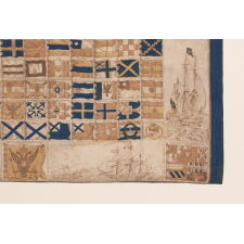 EXTREMELY EARLY KERCHIEF WITH A CHART OF 152 INTERNATIONAL MARITME FLAGS, PRINTED ON CLOTH, circa 1837-1845, WITH A 26 STAR AMERICAN FLAG AT THE TOP LEFT