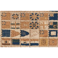 EXTREMELY EARLY KERCHIEF WITH A CHART OF 152 INTERNATIONAL MARITME FLAGS, PRINTED ON CLOTH, circa 1837-1845, WITH A 26 STAR AMERICAN FLAG AT THE TOP LEFT