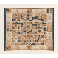 EXTREMELY EARLY KERCHIEF WITH A CHART OF 152 INTERNATIONAL MARITME FLAGS, PRINTED ON CLOTH, circa 1837-1845, WITH A 26 STAR AMERICAN FLAG AT THE TOP LEFT