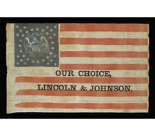 EXTREMELY RARE PARADE FLAG, WITH 35 STARS AND AN EAGLE IN THE CANTON, OVERPRINTED FOR THE 1864 CAMPAIGN OF ABRAHAM LINCOLN & ANDREW JOHNSON,