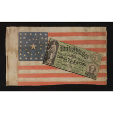 EXTREMELY RARE PARADE FLAG WITH RARE CIRCLE-IN-A-SQUARE STAR CONFIGURATION, MADE FOR THE 1868 PRESIDENTIAL CAMPAIGN OF HORATIO SEYMOUR AND FRANCIS PRESTON BLAIR, JR., WITH HIGHLY UNUSUAL GRAPHICS THAT INCLUDE A "GREENBACK" DOLLAR WITH SEYMOUR'S PORTRAIT