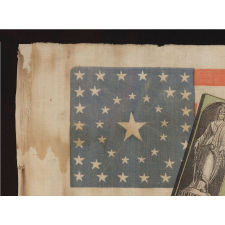 EXTREMELY RARE PARADE FLAG WITH RARE CIRCLE-IN-A-SQUARE STAR CONFIGURATION, MADE FOR THE 1868 PRESIDENTIAL CAMPAIGN OF HORATIO SEYMOUR AND FRANCIS PRESTON BLAIR, JR., WITH HIGHLY UNUSUAL GRAPHICS THAT INCLUDE A "GREENBACK" DOLLAR WITH SEYMOUR'S PORTRAIT