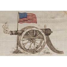 EXTREMELY RARE, PATRIOTIC, SILK KERCHIEF OF THE CIVIL WAR PERIOD, MADE IN LONDON FOR THE AMERICAN MARKET IN 1861 BY FOSTER & PORTER, WITH IMAGERY THAT CENTERS ON A SMOKING CANNON, BENEATH AN AMERICAN FLAG, WITH A PRO-UNION SLOGAN