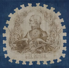 EXTREMELY RARE PORTRAIT STYLE BANDANNA, MADE FOR THE 1848 PRESIDENTIAL CAMPAIGN OF ZACHARY TAYLOR, THE ONLY SURVIVING TEXTILE IN THIS STYLE AND THE PLATE EXAMPLE FROM THE BOOK "THREADS OF HISTORY"