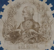 EXTREMELY RARE PORTRAIT STYLE BANDANNA, MADE FOR THE 1848 PRESIDENTIAL CAMPAIGN OF ZACHARY TAYLOR, THE ONLY SURVIVING TEXTILE IN THIS STYLE AND THE PLATE EXAMPLE FROM THE BOOK "THREADS OF HISTORY"