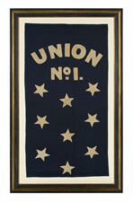 FIREHOUSE BANNER WITH HAND-SEWN, APPLIQUED STARS AND TEXT THE READS "UNION No. 1", CIVIL WAR ERA, EXTREMELY RARE