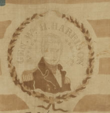 THE FIRST YEAR FOR POLITICAL CAMPAIGN PARADE FLAGS:A RARE EXAMPLE FROM THE 1840 PRESIDENTIAL CAMPAIGN OF WILLIAM HENRY HARRISON, WITH 13 STARS IN A 3rd MARYLAND PATTERN AND A FOLK PORTRAIT OF "OLD TIPPECANOE" IN MILITARY GARB