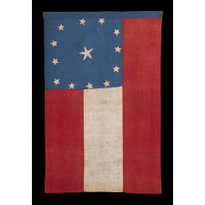 CIVIL WAR PERIOD CONFEDERATE FLAG IN THE FIRST NATIONAL PATTERN (a.k.a., STARS & BARS), HOMEMADE & ENTIRELY HAND-SEWN, WITH 13 STARS ARRANGED IN A WIDELY DISPURSED WREAT OF 12, WITH A LARGE, STARFISH-SHAPED CENTER STAR, ON A CANTON OF BLUE COTTON CHINTZ, DEC. 1861 – JUNE 1863