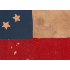 CONFEDERATE FIRST NATIONAL PATTERN FLAG (a.k.a., STARS & BARS) WITH 11 STARS, IN A TINY SIZE AMONG THOSE WITH PIECED AND SEWN CONSTRUCTION, A HOMEMADE, CIVIL WAR-PERIOD FLAG, FOUND IN GREATER BALTIMORE, LIKELY DISPLAYED FROM A PODIUM, PARADE FLOAT, CARRIAGE, OR STOREFRONT, circa MAY – NOV., 1861