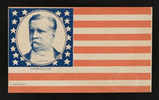 FROM THE MASTAI COLLECTION:  CAMPAIGN POSTCARD IN STARS & STRIPES FORMAT WITH PORTRAIT OF GENERAL WINFIELD SCOTT HANCOCK IN THE CANTON, CA 1880