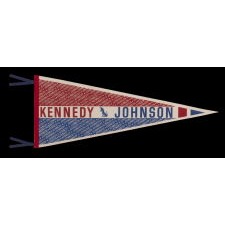 GRAPHIC FELT PENNANT FROM THE 1960 PRESIDENTIAL CAMPAIGN OF JOHN F. KENNEDY AND LYNDON JOHNSON, WITH REPEATING NAMES IN PATRIOTIC COLORS