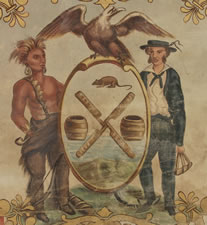 HAND-PAINTED PATRIOTIC BANNER WITH THE SEAL OF NEW YORK CITY AND GREAT FOLK QUALITIES, THE ONLY EXAMPLE WITH THIS DEVICE THAT I HAVE EVER ENCOUNTERED, 1861-1876