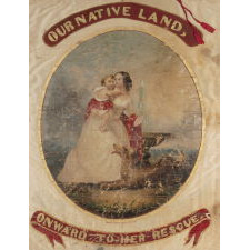 HAND-PAINTED SILK BANNER, MADE FOR THE PHILADELPHIA CHAPTER OF A TEMPERANCE ORGANIZATION IN 1851, REPAINTED FOR THE 1860 PRESIDENTIAL CAMPAIGN OF JOHN BELL OF TENNESSEE AND EDWARD EVERETTE OF MASSACHUSETTS, WHO RAN AGAINST ABRAHAM LINCOLN ON THE INDEPENDENT CONSTITUTIONAL UNION TICKET