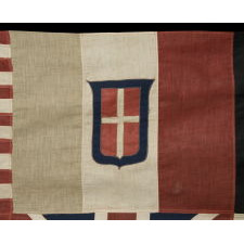 HIGHLY UNUSUAL ALLIED FORCES FLAG FROM THE LATTER HALF OF WWI (1914-1918), COMPRISED OF SIX INDIVIDUALLY PIECED-AND-SEWN FLAGS OF THE MAJOR ALLIED NATIONS: AMERICA, ITALY, BELGIUM, FRANCE, BRITAIN, AND JAPAN