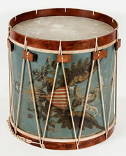 HUGE AMERICAN MILITARY LONG DRUM, DYNAMIC EAGLE ON A PRUSSIAN BLUE GROUND, 1845-1865