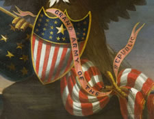 ICONIC PAINTING OF AN AMERICAN EAGLE IN FRONT OF A CIVIL WAR NAVAL SCENE, WITH A FLAG AND SHIELD IN A SOUTHERN-EXCLUSIONARY STAR COUNT, CA 1865-1880