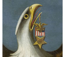 ICONIC PAINTING OF AN AMERICAN EAGLE IN FRONT OF A CIVIL WAR NAVAL SCENE, WITH A FLAG AND SHIELD IN A SOUTHERN-EXCLUSIONARY STAR COUNT, CA 1865-1880