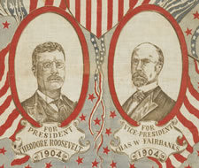 JUGATE PORTRAIT KERCHIEF, MADE FOR THE 1904 PRESIDENTIAL CAMPAIGN OF THEODORE ROOSEVELT & CHARLES WARREN FAIRBANKS