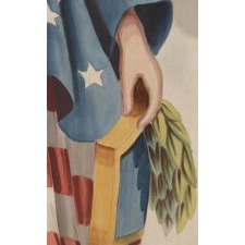 LADY COLUMBIA SURMOUNTING THE GLOBE WITH SHEATHED SWORD AND FEDERAL SHIELD, DRAPED IN THE AMERICAN FLAG AND CROWNED WITH A FIGHTING EAGLE AND STARS; A HAND-PAINTED BANNER OF MONUMENTAL SCALE, LAST QUARTER 19TH CENTURY