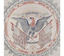 LARGE, BLOCK-PRINTED, 1876 CENTENNIAL BANNER WITH EAGLE MEDALLION; ONE OF THREE KNOWN EXAMPLES, THE ONLY ONE IN RED, WHITE, AND BLUE