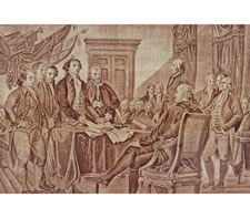 LARGE FORMAT, PRINTED COTTON KERCHIEF WITH IMAGE OF JOHN TRUMBULL'S "DECLARATION OF INDEPENDENCE" PLUS IDENTIFYING SIGNATURES, MADE FOR THE 1826 SEMICENTENNIAL, UNDOCUMENTED, THE ONLY KNOWN EXAMPLE IN THIS EXACT STYLE