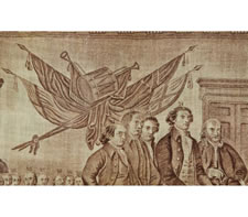 LARGE FORMAT, PRINTED COTTON KERCHIEF WITH IMAGE OF JOHN TRUMBULL'S "DECLARATION OF INDEPENDENCE" PLUS IDENTIFYING SIGNATURES, MADE FOR THE 1826 SEMICENTENNIAL, UNDOCUMENTED, THE ONLY KNOWN EXAMPLE IN THIS EXACT STYLE