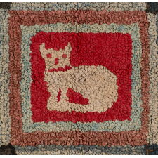 LARGE HOOKED RUG WITH A SEATED CAT AS THE HOME SQUARE OF A DESIGN STYLED AFTER A PARCHEESI GAME BOARD, WITH STAR-LIKE, 6-PETAL FLOWERS IN EACH CORNER; WOOL & COTTON ON BURLAP, PROBABLY PENNSYLVANIA, MENNONITE, circa 1880-1910