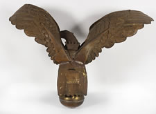 LARGE AND IMPRESSIVE PRESSED BRASS EAGLE, AN EARLY PARADE FLAG HOLDER & BUNTING TIE-BACK, MADE IN NEW YORK, PATENTED 1891