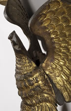 LARGE AND IMPRESSIVE PRESSED BRASS EAGLE, AN EARLY PARADE FLAG HOLDER & BUNTING TIE-BACK, MADE IN NEW YORK, PATENTED 1891