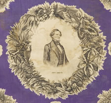 LARGE SCALE, PRINTED SILK KERCHIEF FEATURING CONFEDERATE STATES OF AMERICA PRESIDENT JEFFERSON DAVIS AND EIGHT OF HIS STAFF, CIVIL WAR PERIOD, EXTREMELY RARE AND THE ONLY KNOWN STYLE PRODUCED FOR THE CONFEDERACY