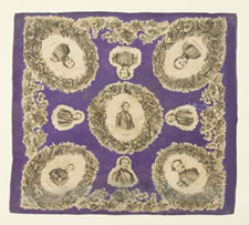 LARGE SCALE, PRINTED SILK KERCHIEF FEATURING CONFEDERATE STATES OF AMERICA PRESIDENT JEFFERSON DAVIS AND EIGHT OF HIS STAFF, CIVIL WAR PERIOD, EXTREMELY RARE AND THE ONLY KNOWN STYLE PRODUCED FOR THE CONFEDERACY