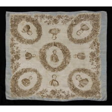 LARGE SCALE, PRINTED SILK KERCHIEF FEATURING CONFEDERATE STATES OF AMERICA PRESIDENT JEFFERSON DAVIS AND EIGHT OF HIS STAFF, CIVIL WAR PERIOD, EXTREMELY RARE AND THE ONLY KNOWN STYLE PRODUCED FOR THE CONFEDERACY