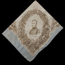 LARGE SCALE, PRINTED SILK KERCHIEF FEATURING CONFEDERATE STATES OF AMERICA PRESIDENT JEFFERSON DAVIS AND EIGHT OF HIS STAFF, CIVIL WAR PERIOD, EXTREMELY RARE AND THE ONLY KNOWN STYLE PRODUCED FOR THE CONFEDERACY