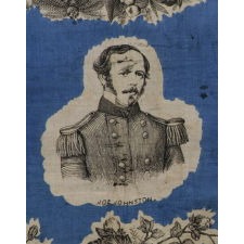 LARGE SCALE, PRINTED SILK KERCHIEF FEATURING CONFEDERATE PRESIDENT JEFFERSON DAVIS AND EIGHT OF HIS STAFF, AN EXTREMELY RARE EXAMPLE IN THE ONLY KNOWN STYLE PRODUCED FOR THE CONFEDERACY DURING THE CIVIL WAR PERIOD, AND THE BEST OF THOSE KNOWN TO HAVE SURVIVED