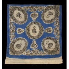 LARGE SCALE, PRINTED SILK KERCHIEF FEATURING CONFEDERATE PRESIDENT JEFFERSON DAVIS AND EIGHT OF HIS STAFF, AN EXTREMELY RARE EXAMPLE IN THE ONLY KNOWN STYLE PRODUCED FOR THE CONFEDERACY DURING THE CIVIL WAR PERIOD, AND THE BEST OF THOSE KNOWN TO HAVE SURVIVED